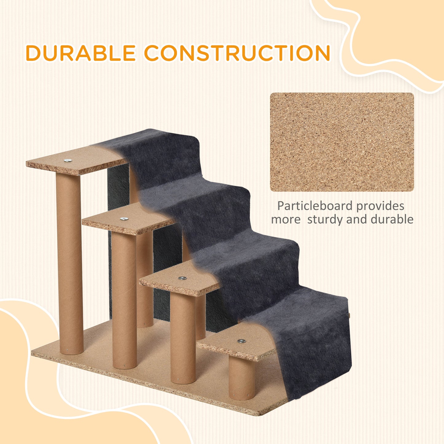 PawHut Four-Step Dog Stairs, with Washable Plush Cover, for High Bed Sofa, Dog Stairs for Small Dog and Cat - Dark Grey