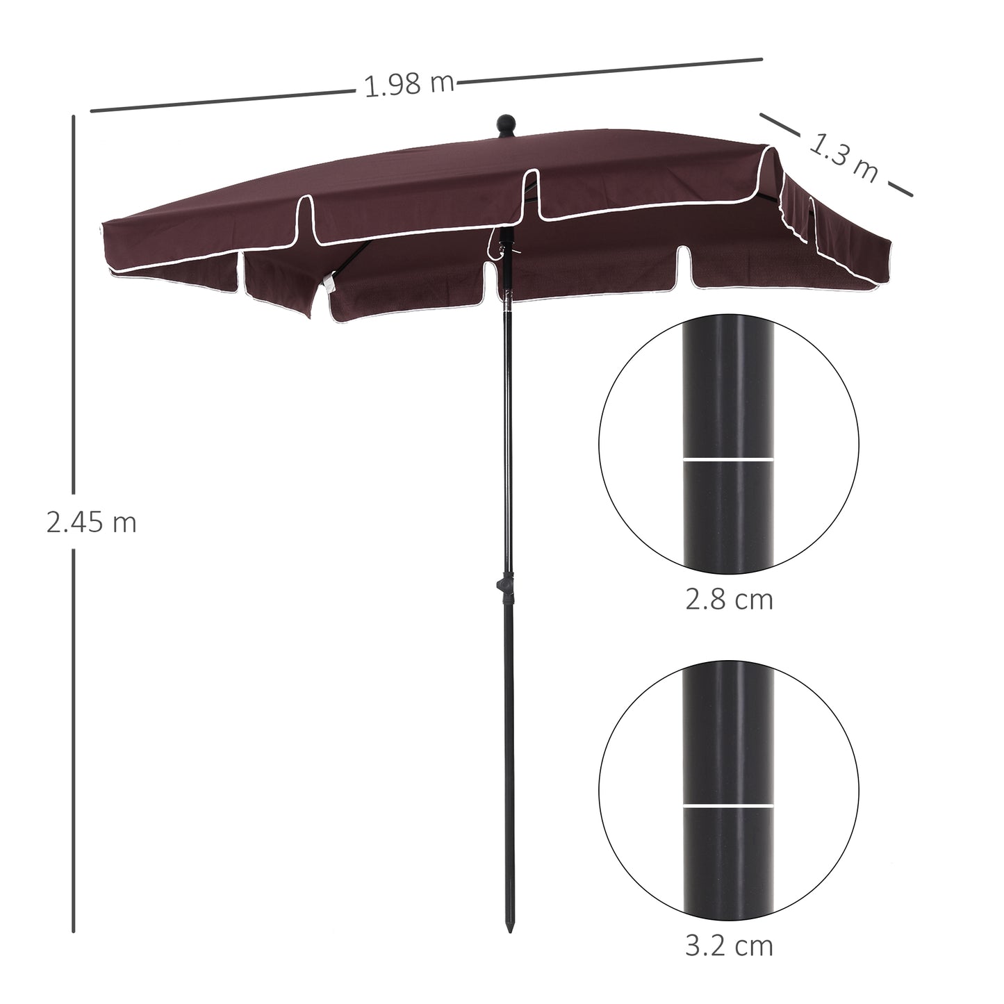Outsunny Garden Parasol Parasol, Parasol ogrodowy na targowisko zewnętrzne z falbankami i aluminiowym drążkiem, prostokątny, uchylny daszek przeciwsłoneczny, 2 x 1,3 m, brązowy