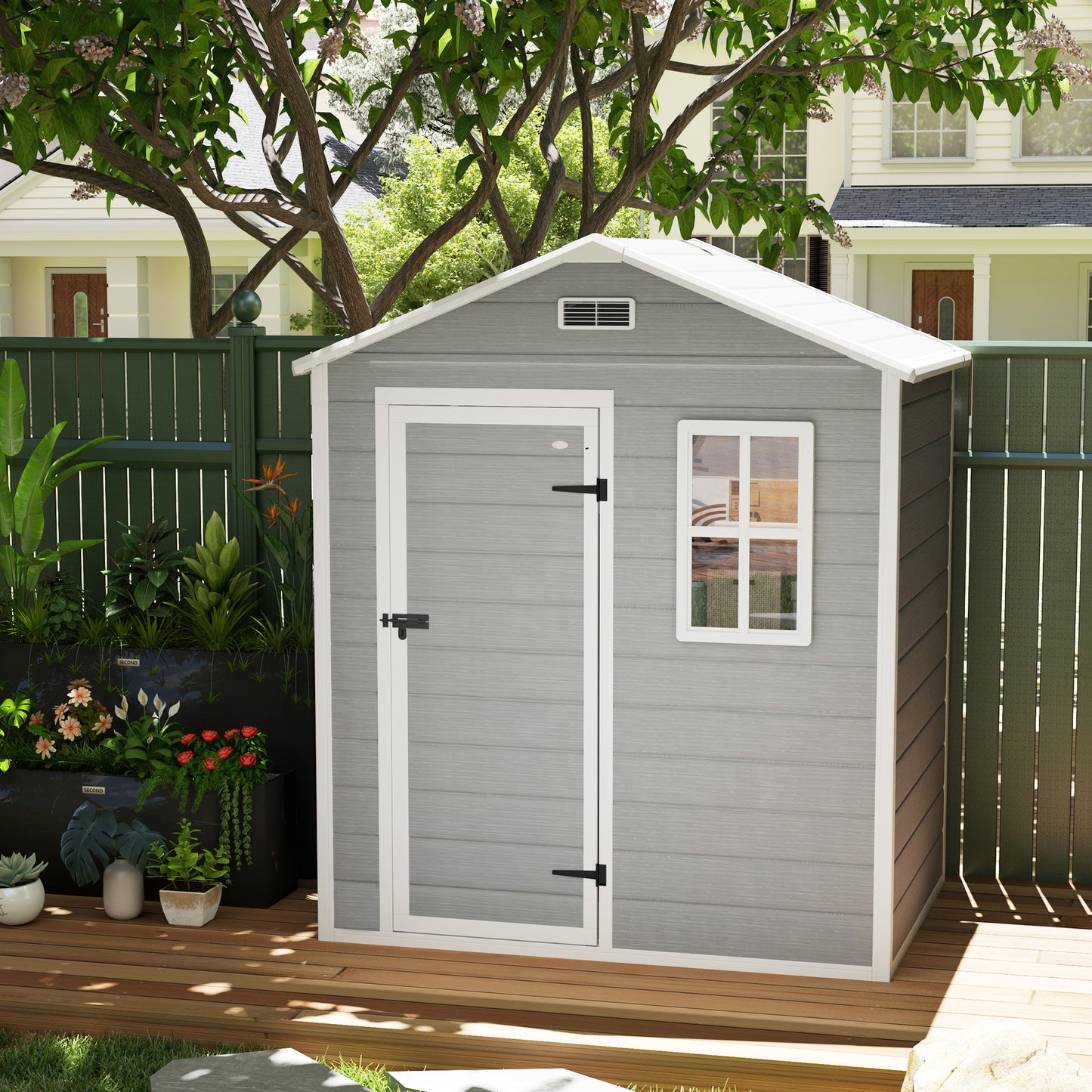 Outsunny 6 x 4ft Garden Shed, plastikowa szopa z podłogą, oknem, zamykanymi drzwiami i otworami wentylacyjnymi, imitacja drewna, szopa narzędziowa z żywicy na zewnątrz, szara