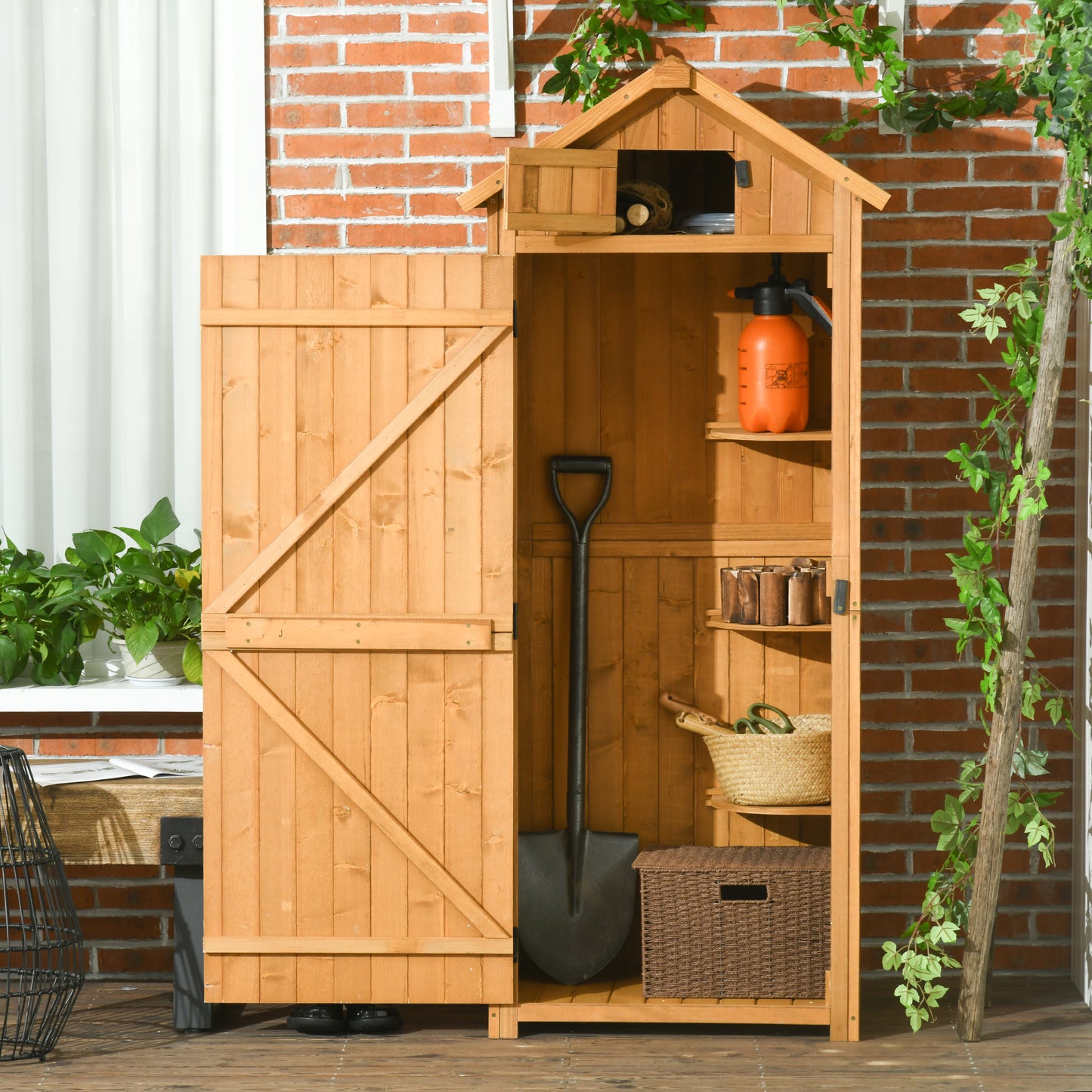 Outsunny Garden Shed Vertical Utility 3 Shelves Shed Wood Outdoor Garden Tools Storage Unit Storage Cabinet, 77 x 54,2 x 179 cm - brązowy