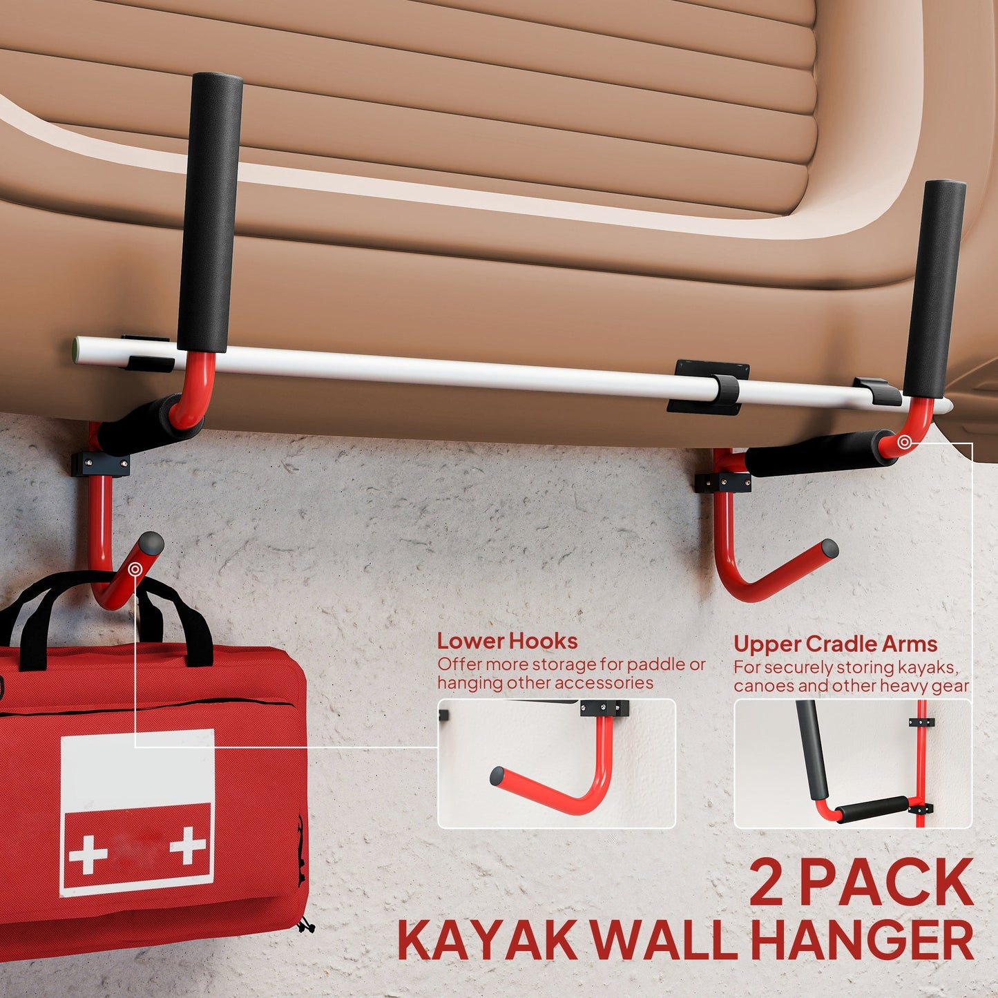 HOMCOM Kayak Canoe Heavy Duty Uchwyt ścienny do przechowywania Heavy Duty Wieszaki do przechowywania czerwony