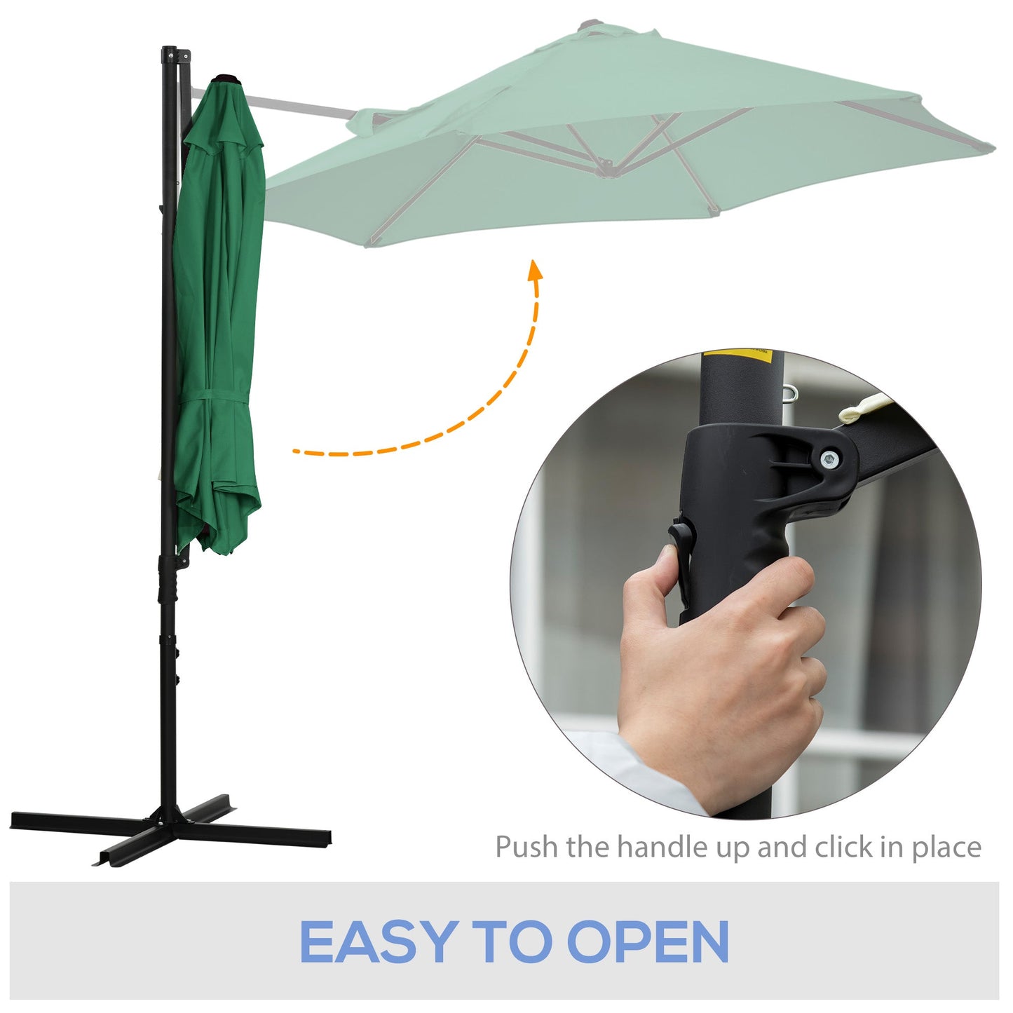 Outsunny 2.5M Garden Cantilever Parasol with 360¡ Rotation, Offset Roma Patio Umbrella Hanging Sun Shade Canopy Shelter with Cross Base, Green