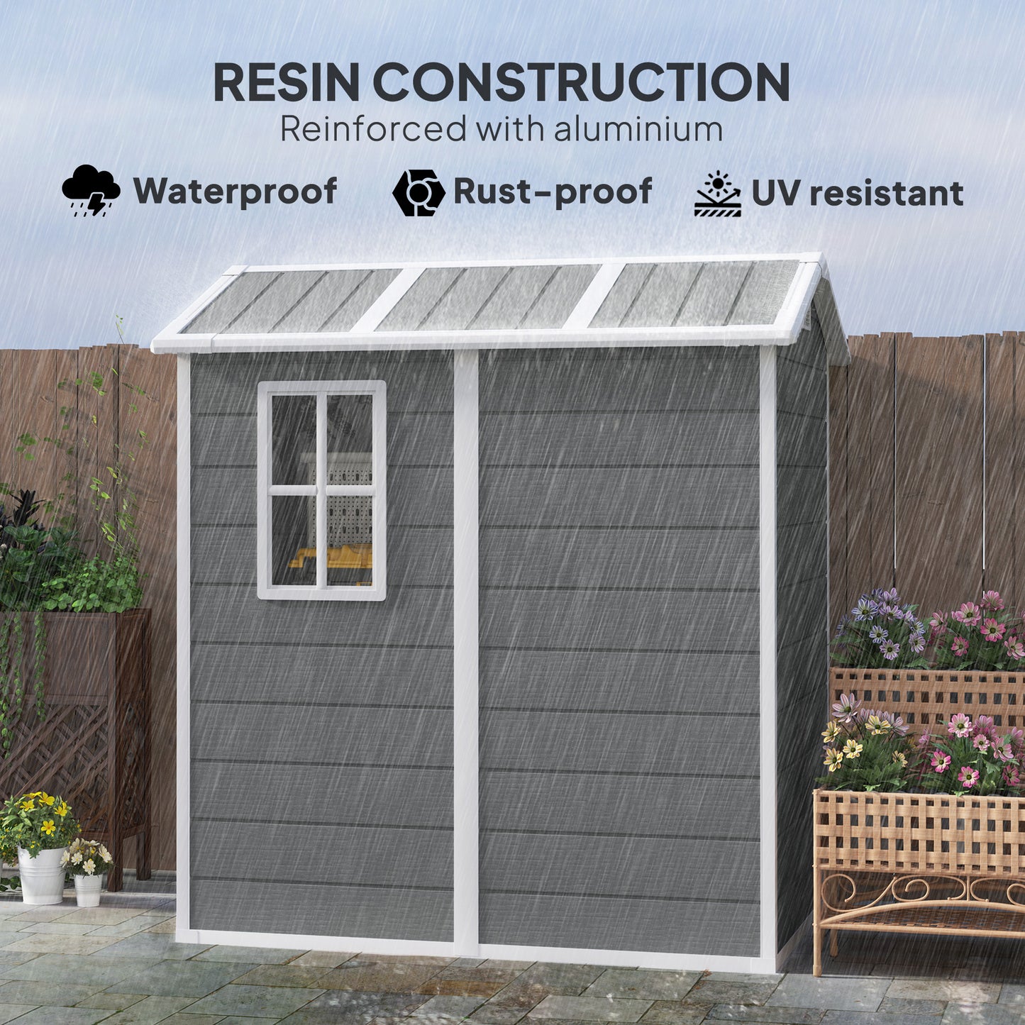 Outsunny 4 x 6ft Garden Shed, plastikowa szopa z podłogą, oknem, zamykanymi drzwiami i otworami wentylacyjnymi, żywiczna szopa na narzędzia do przechowywania na patio, zerowa konserwacja, szara