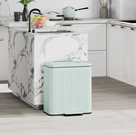 HOMCOM Dual Kitchen Bin, 2 x 20L Double Bin for Recycling and Waste, Fingerprint-proof Pedal Bin with Soft-Close Lid, Removable Inner Buckets, Green