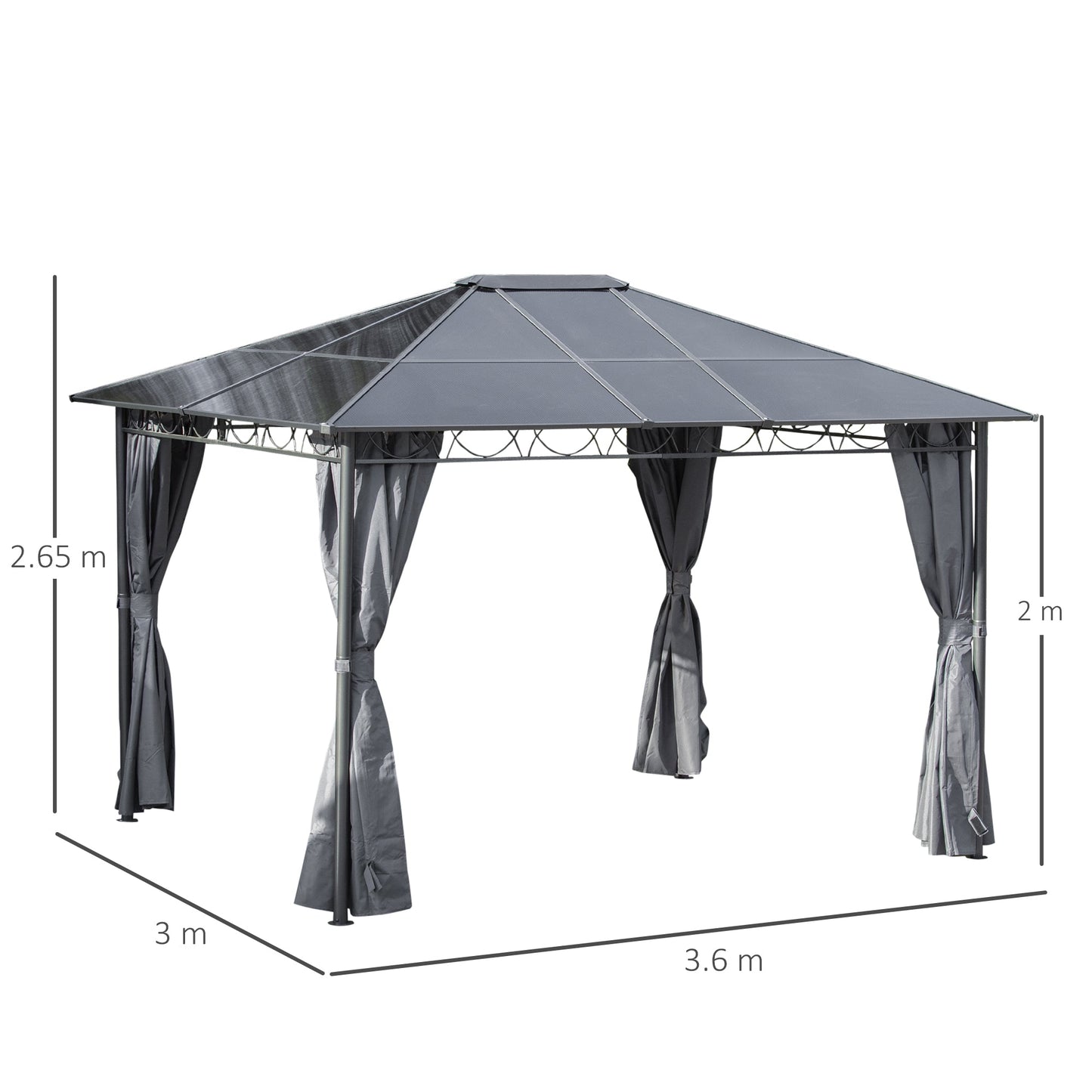 Outsunny 3 x 3,6 m Hardtop Gazebo Canopy z dachem z poliwęglanu, stały pawilon ogrodowy z zasłonami na patio, pokład, szary