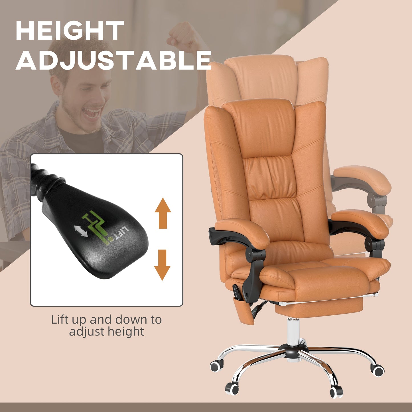 Vinsetto High Back Vibration Massage Office Chair, Heated Reclining PU Leather Computer Chair with 135 Reclining Back and Footrest, Light Brown