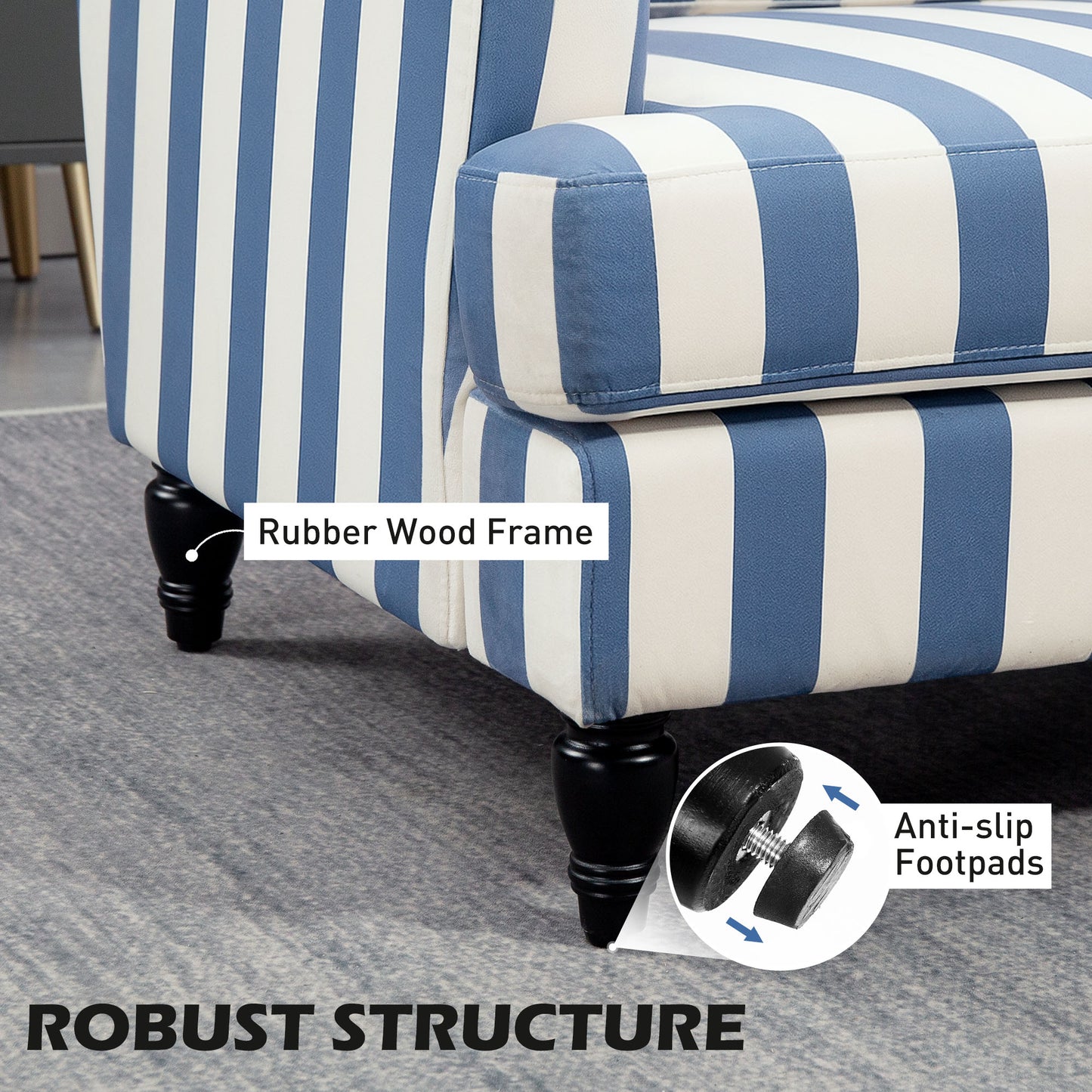 HOMCOM Modern Cuddle Chair, Velvet Single Sofa Armchair with Stripe, Turned Legs and Wide Seat, Upholstered Snuggle Chair for Living Room, Bedroom, Blue and White