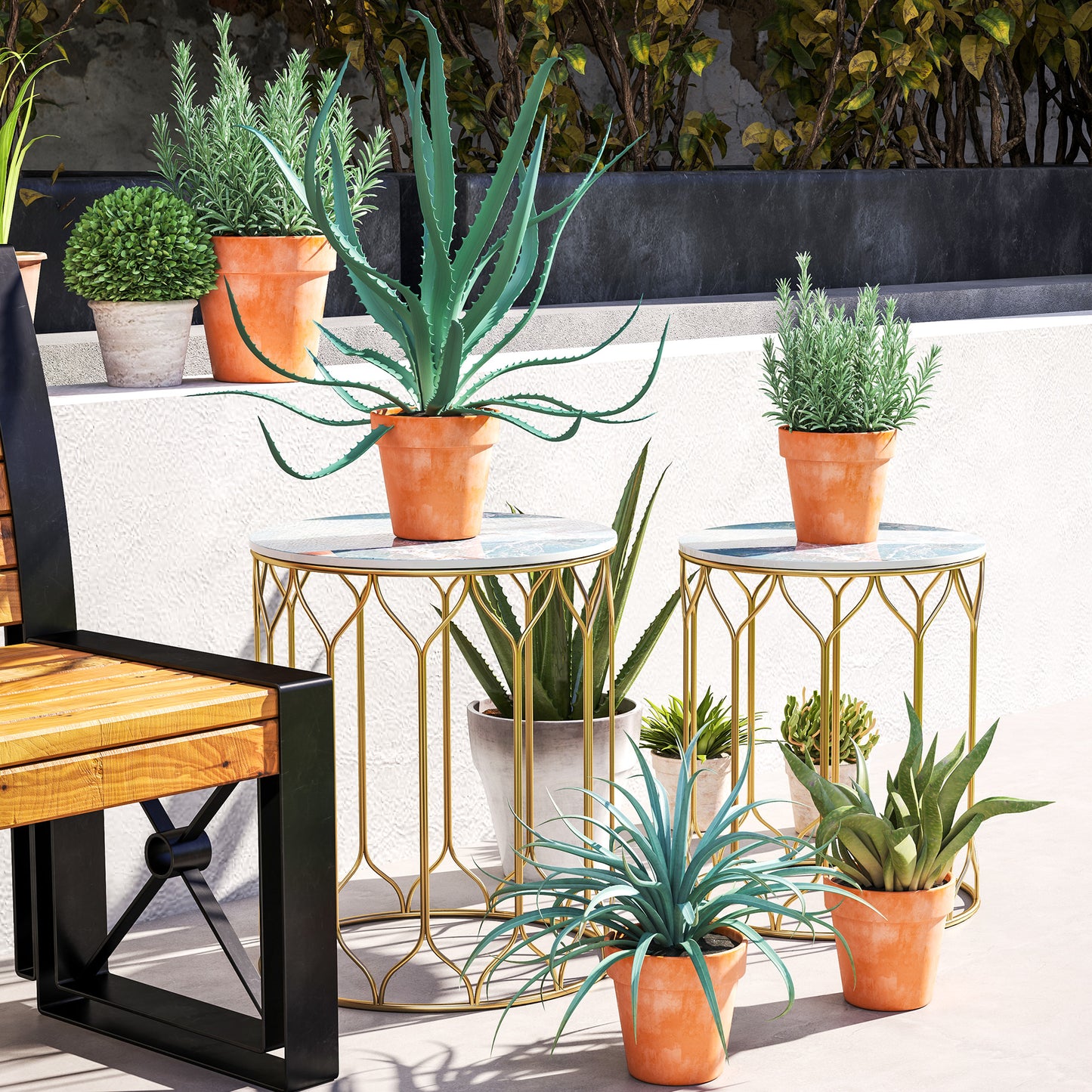 Zestaw 2 stolików bocznych Outsunny Garden Side Table, stoliki wsuwane z blatem z płytek ceramicznych, małe stoliki ogrodowe do użytku wewnątrz i na zewnątrz, wielofunkcyjne stoliki boczne z metalową ramą na patio, balkon, werandę, wielokolorowe