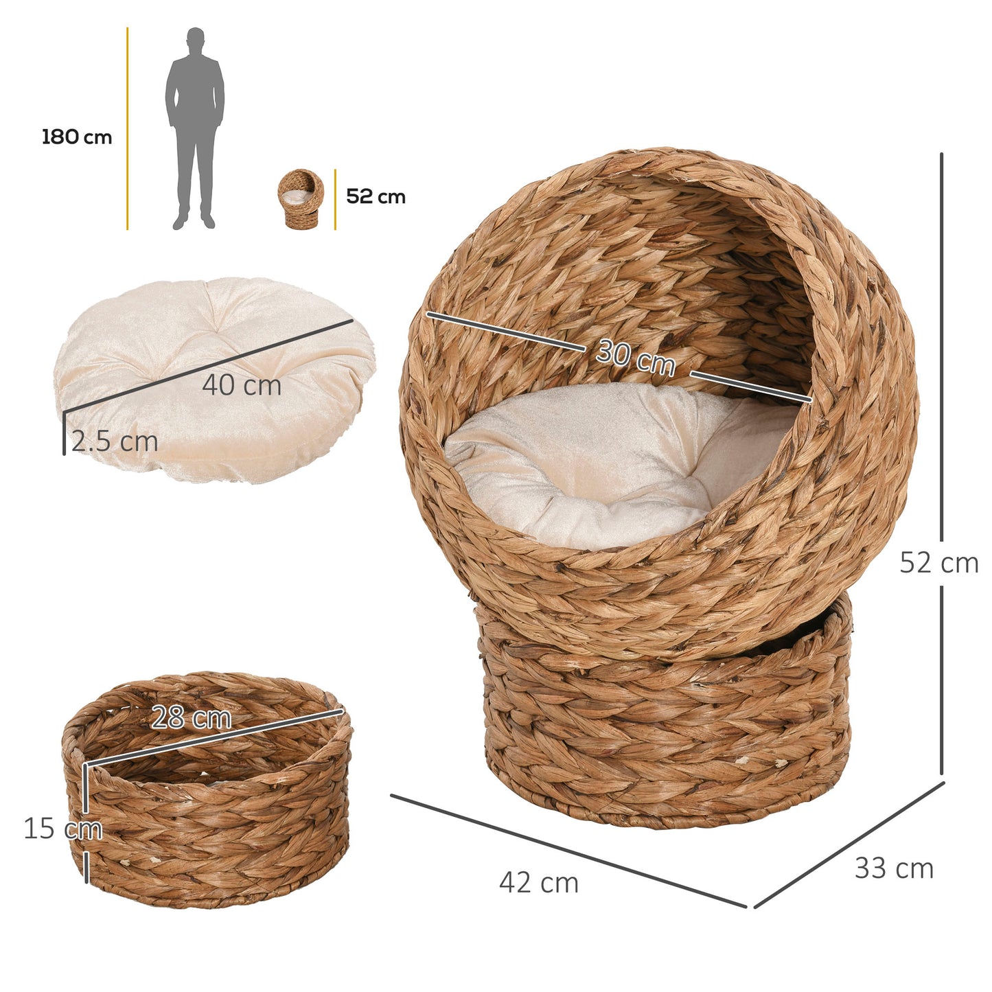 PawHut Wicker Cat Bed, Podwyższony Rattanowy Kosz dla Kota z Cylindryczną Podstawą, Miękka Zmywalna Poduszka, 42 x 33 x 52 cm - Brązowy