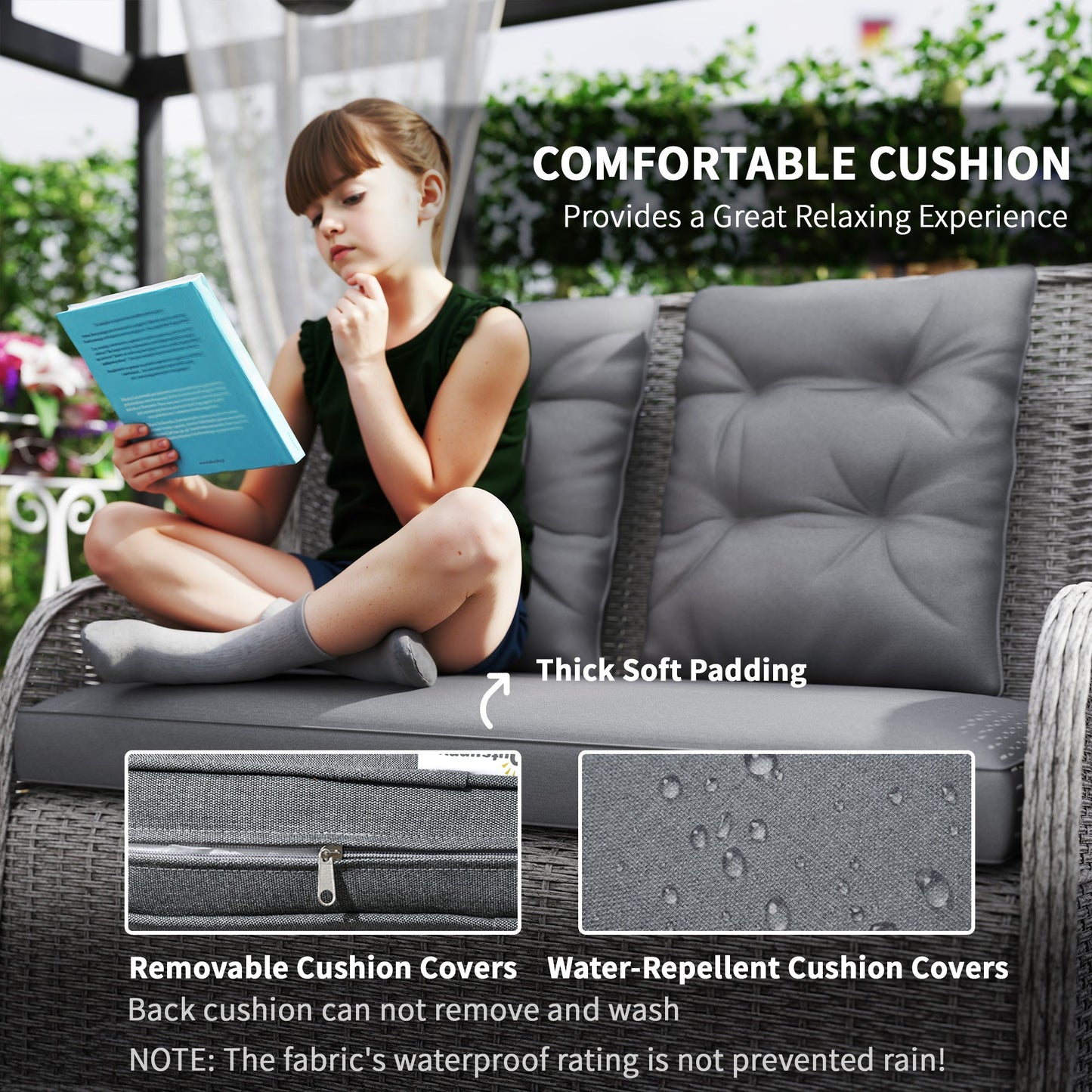 Outsunny Garden PE Rattan Dining Sofa Set, Outdoor 4 Seater Wicker Furniture, High Back Chairs with Cushions, Hartowane szkło stolik kawowy na patio, jasnoszary