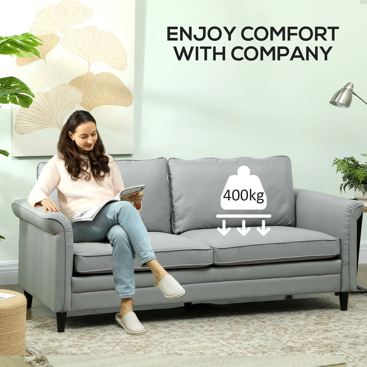HOMCOM 3 Seater Sofa, Modern Fabric Sofa Couch with Spring Cushion, Rubber Wood Legs, 191cm Upholstered Settee for Living Room, Bedroom, Home Office, Guest Room, Grey