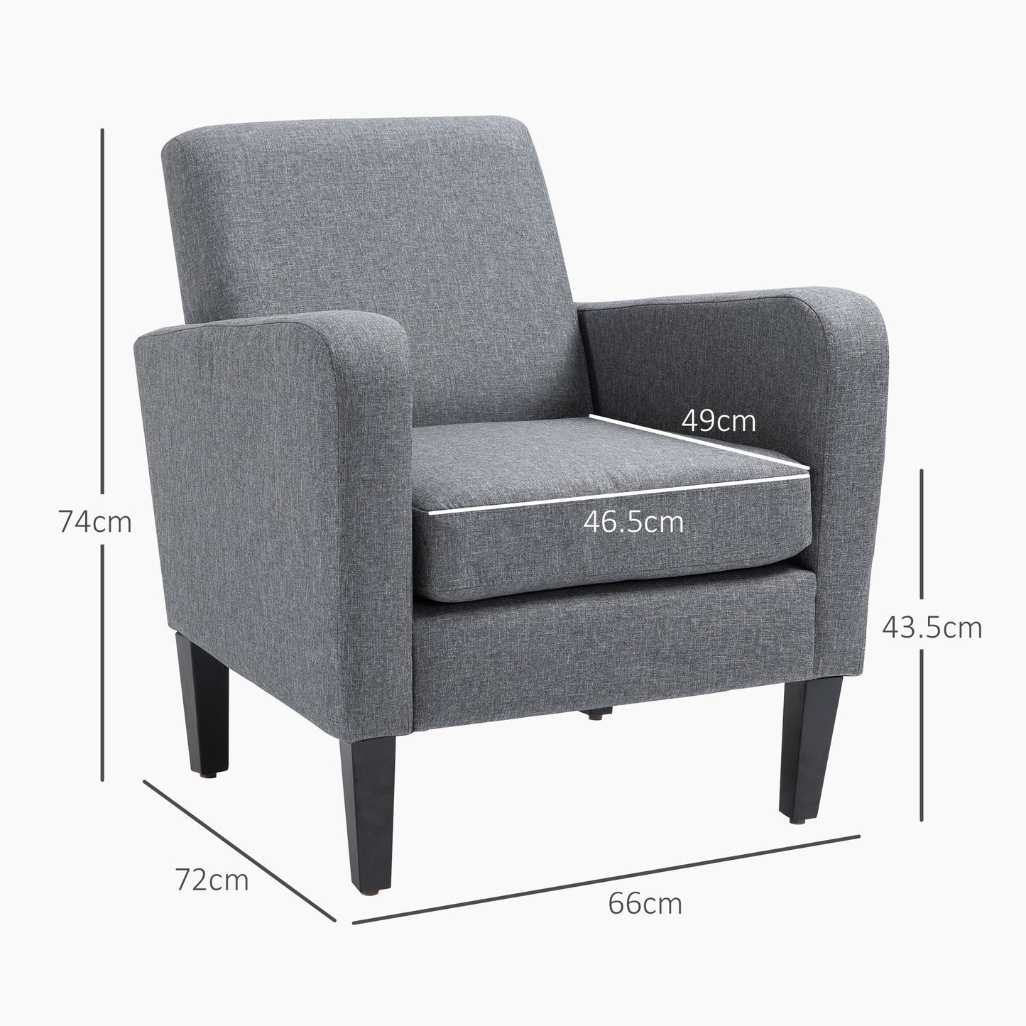 HOMCOM 2-częściowe nowoczesne fotele z nogami z drewna kauczukowego, tapicerowane krzesła akcentowe, pojedyncza sofa do salonu, sypialni, szare