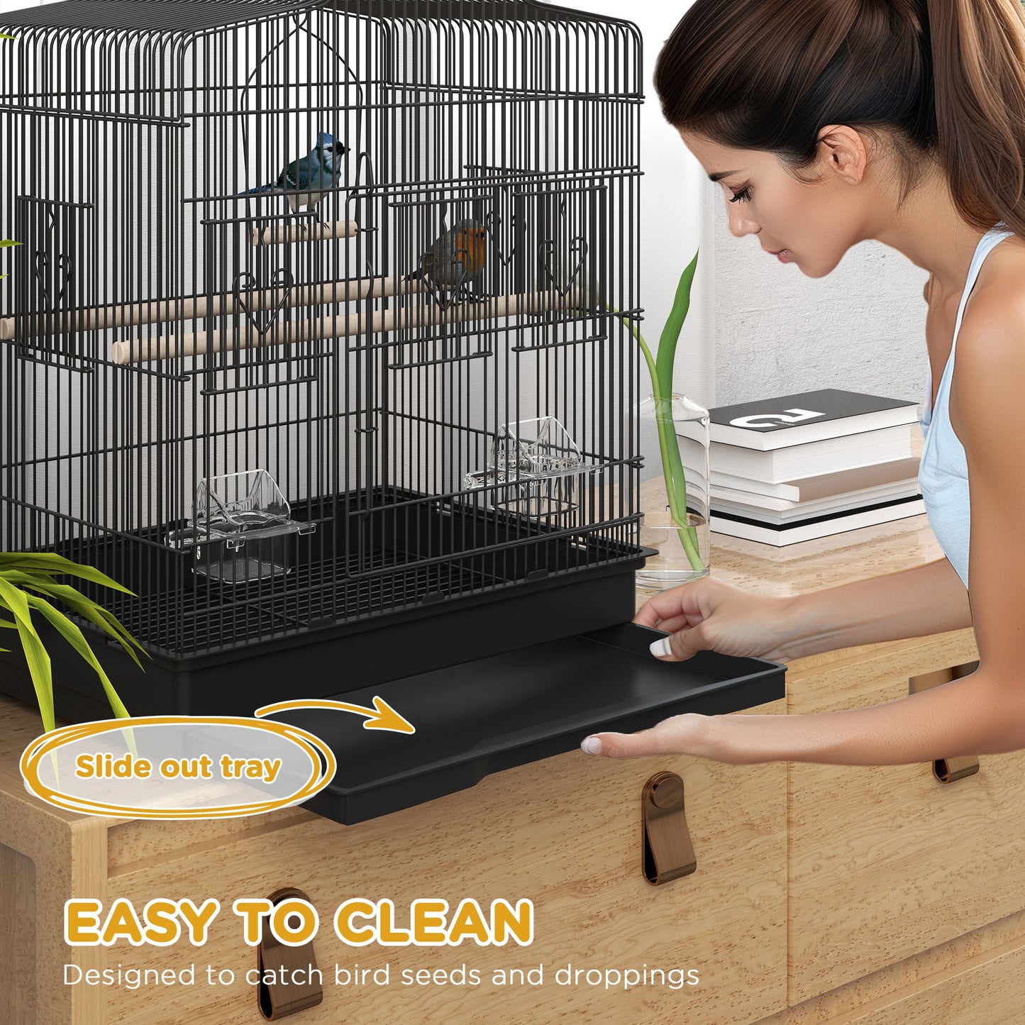 PawHut Large Metal Bird Cage with Perches, Food Bowls, Swing, for Budgies, Parakeets, Black
