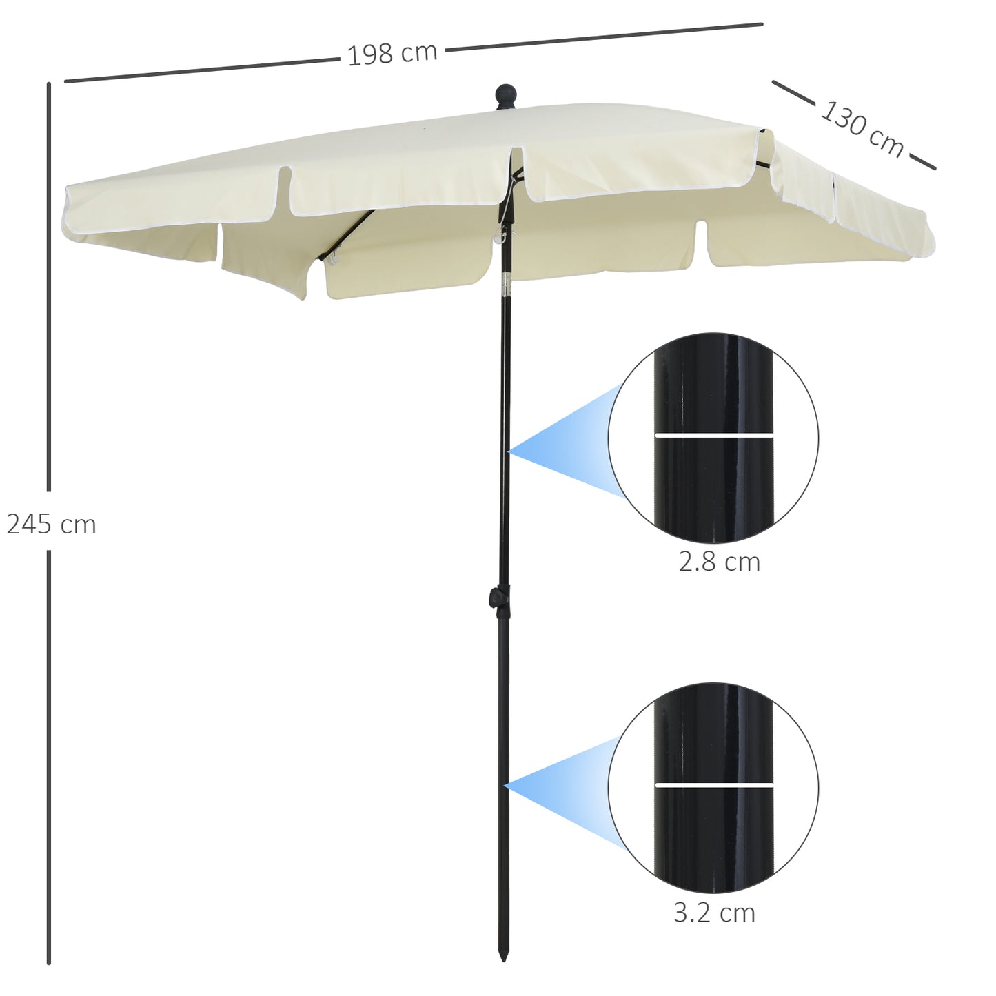 Outsunny 2 x 1,3 m Parasol ogrodowy, parasol ogrodowy na targowisko z falbankami i aluminiowym drążkiem, prostokątny, uchylny daszek przeciwsłoneczny, kremowo-biały