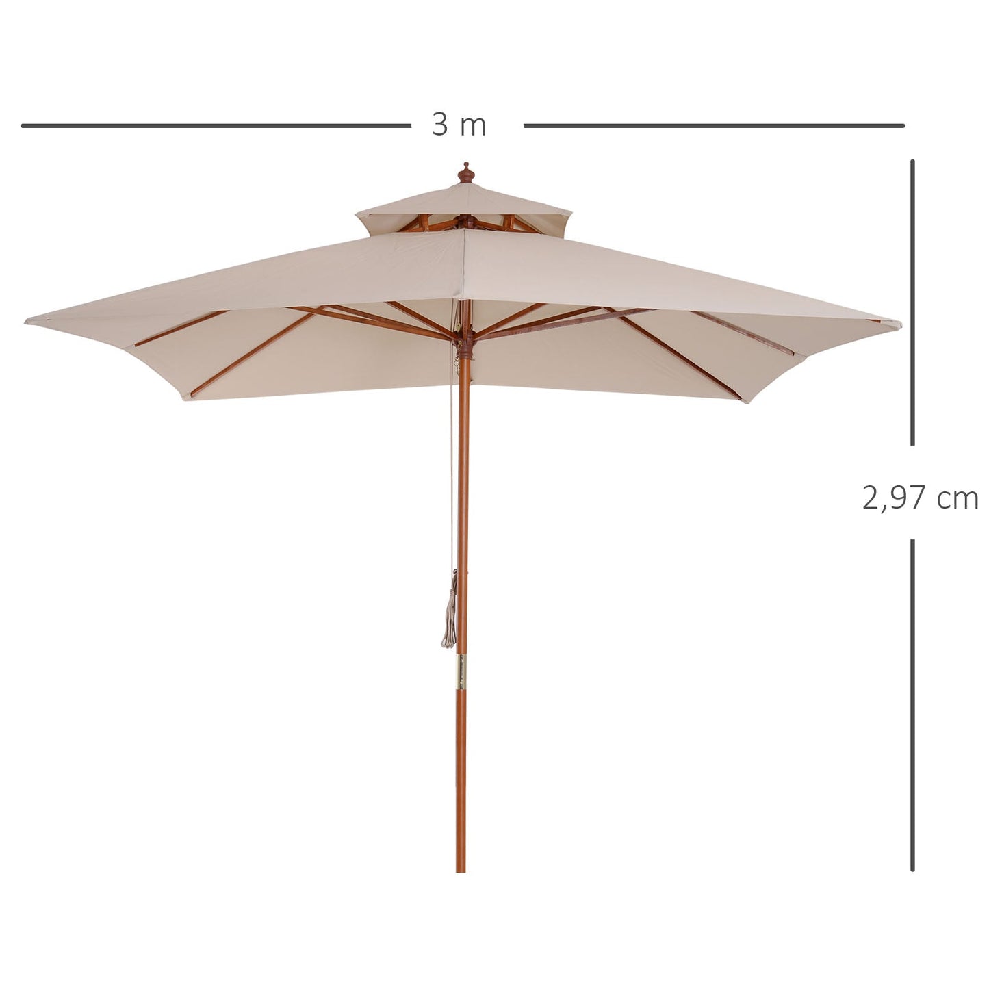 Outsunny 3 x 3 metre Patio Parasol Garden Umbrellas Sunshade Outdoor Wooden Parasol Canopy Double Tier, Beige, BASE NOT INCLUDED