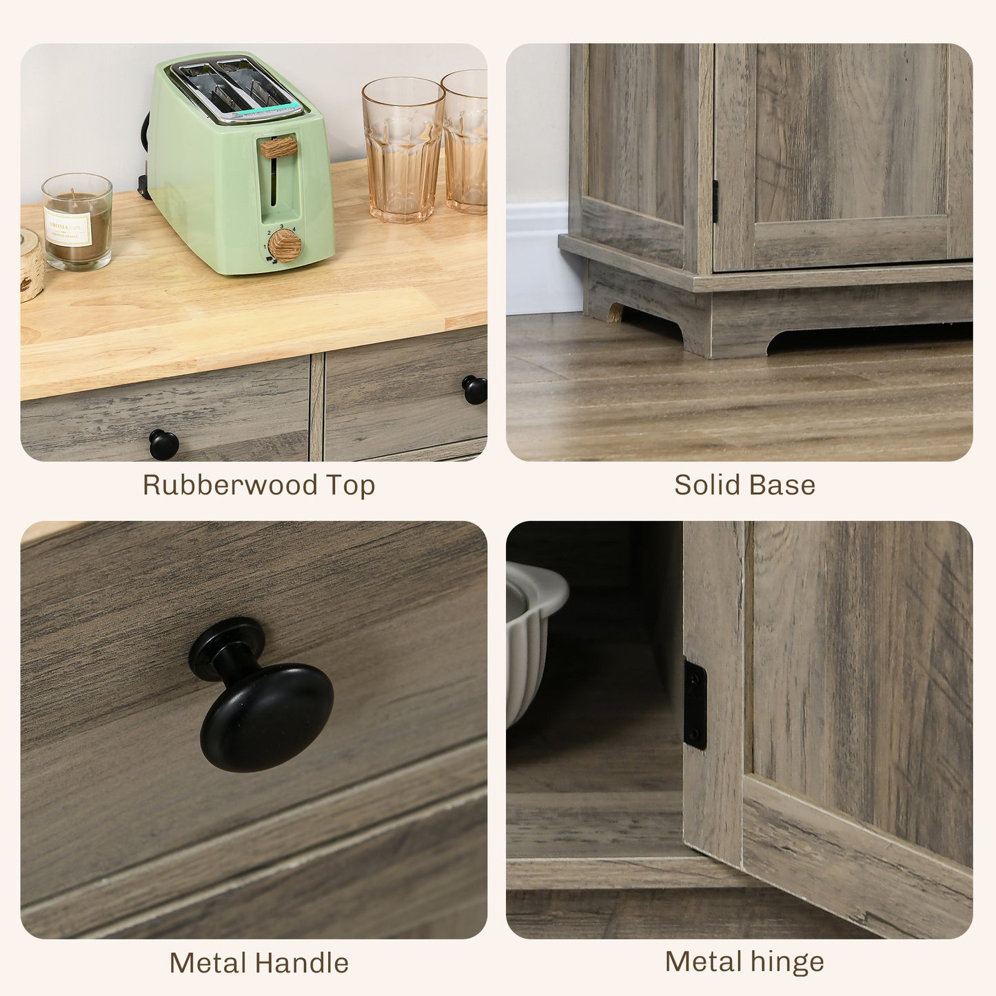 HOMCOM Sideboard with Rubber Wood Top, Modern Storage Cabinet, Kitchen Cupboard with 3 Doors, 3 Drawers and 3 Adjustable Shelves for Dining Room, Living Room, Grey Wood-Effect