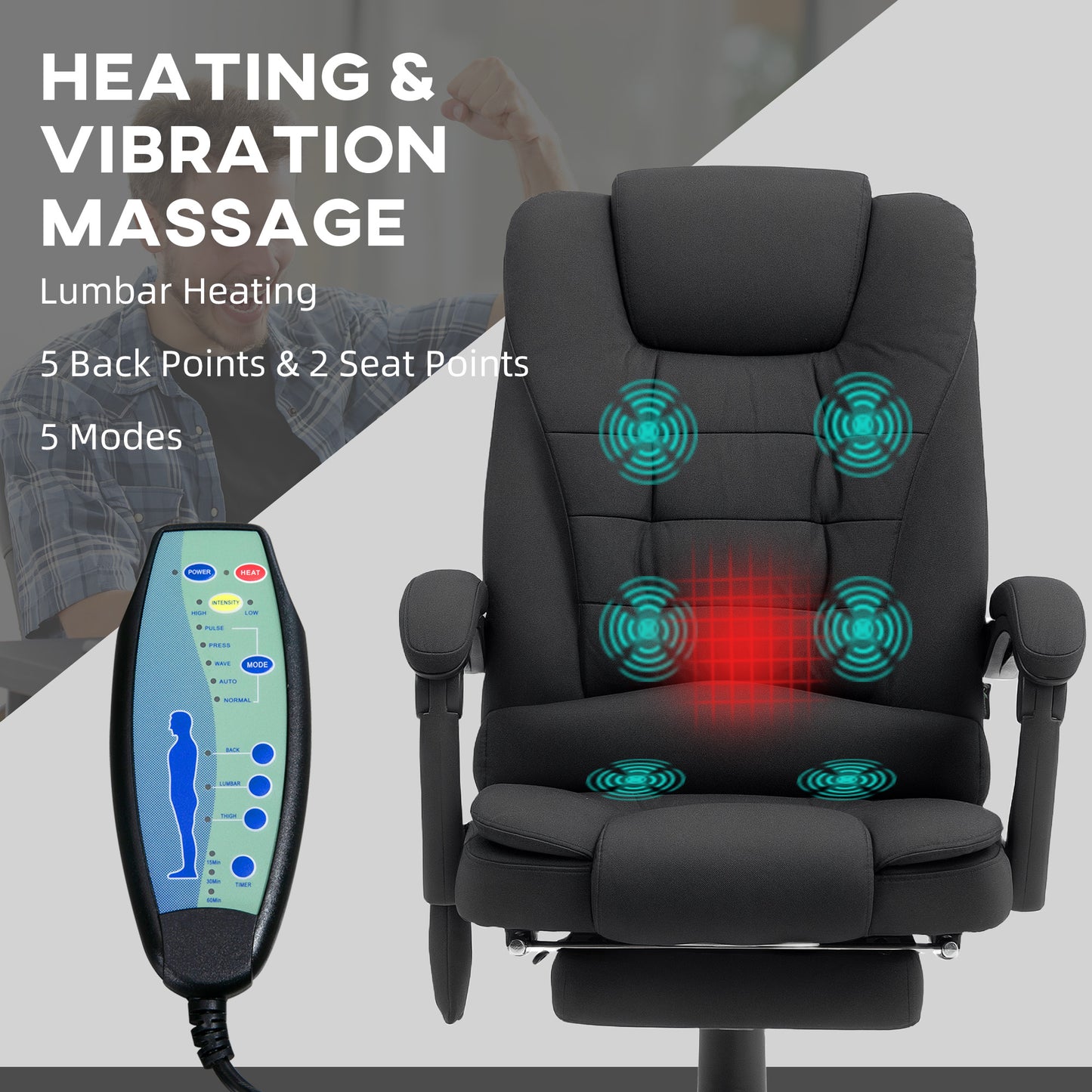 Vinsetto Office Chair with 6 Point Massage and Back Heat, Linen Desk Chair with Footrest Adjustable Height and Swivel Wheels, Back Reclining, Full Black