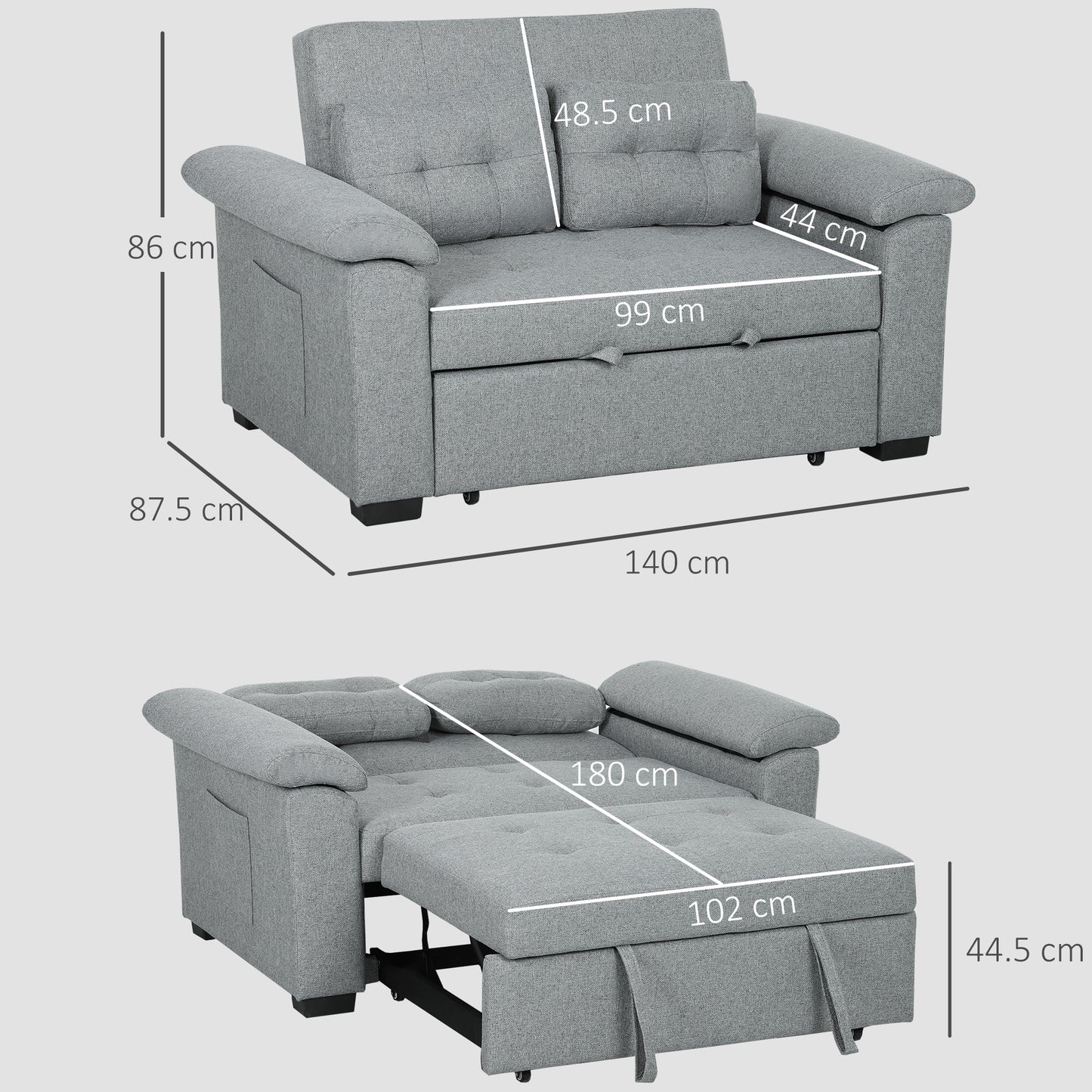 HOMCOM Pull Out Sofa Bed, Fabric 2 Seater Click Clack Sofa Bed Settee with 2 Pocket Springs, Convertible Sofa Couch with Pillows and Side Pockets for Living Room, Home Office, Light Grey
