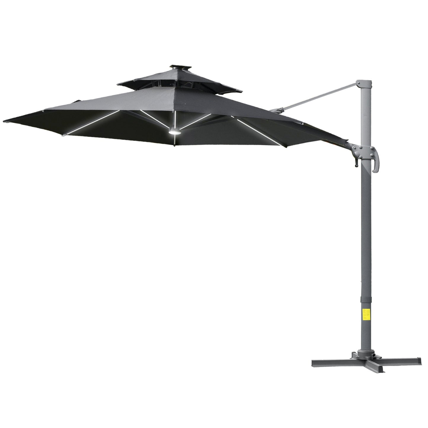 Outsunny 3m Cantilever Parasol w/ Solar Lights Power Bank Base 360¡ Spin Dark Grey
