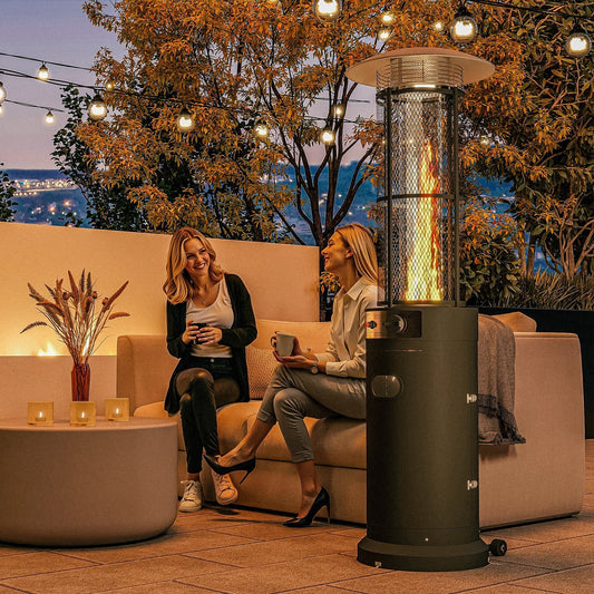 Outsunny 11 KW Freestanding Gas Patio Heater, Adjustable Outdoor Garden Propane Heater with Tip-Over Switch, Wheels, Pulse Ignition, Tank Room with Openable Door, Black