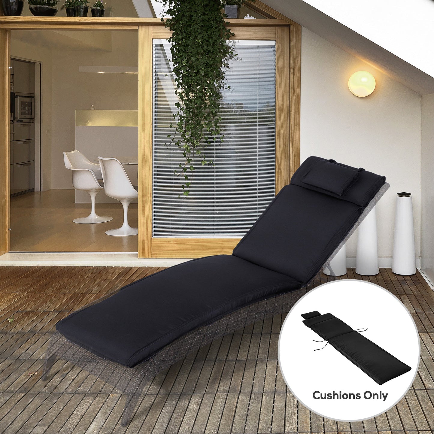 Outsunny Garden Sun Lounger Cushion Replacement Soft Sunbed Reclining Chair Relaxer Pad with Pillow, Cushion ONLY - Black