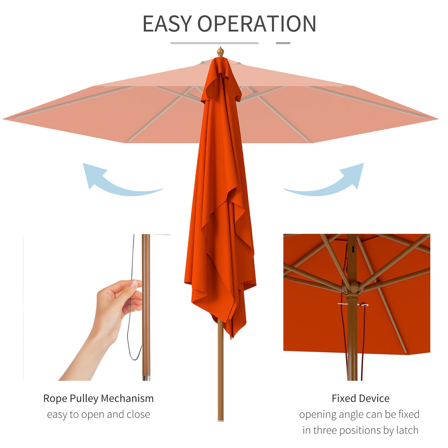 Outsunny 2,5 m Drewniany Parasol Ogrodowy Patio Zewnętrzny Drewniany Baldachim Parasola, Stołowy Parasol Rynkowy z Otworami, Słup 38 mm, Mechanizm Linowy, Pomarańczowy