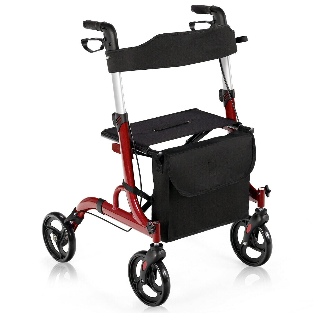 2 in 1 Walker Aluminium Mobility Walking Aid with Seat Adjustable-Red