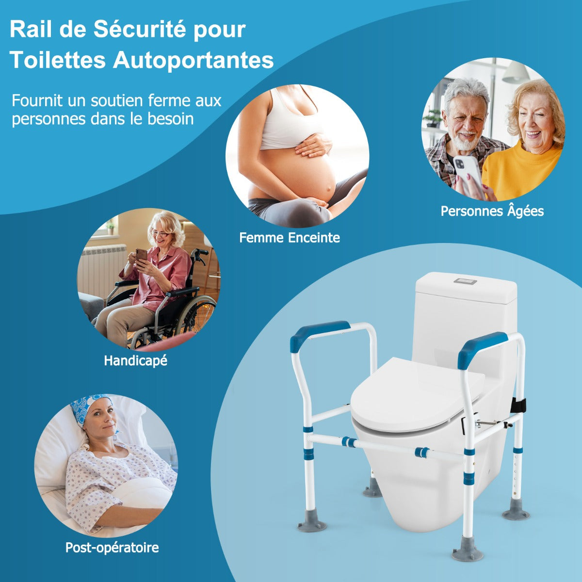 Toilet Safety Rail with Adjustable Height for Elderly-Blue