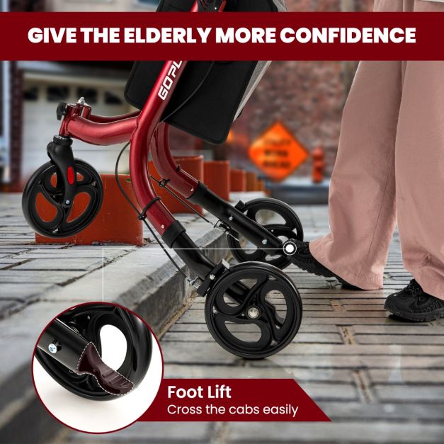 Folding Aluminum Rolling Walker with Zippered Storage Bag and Safe Dual Brake System-Red