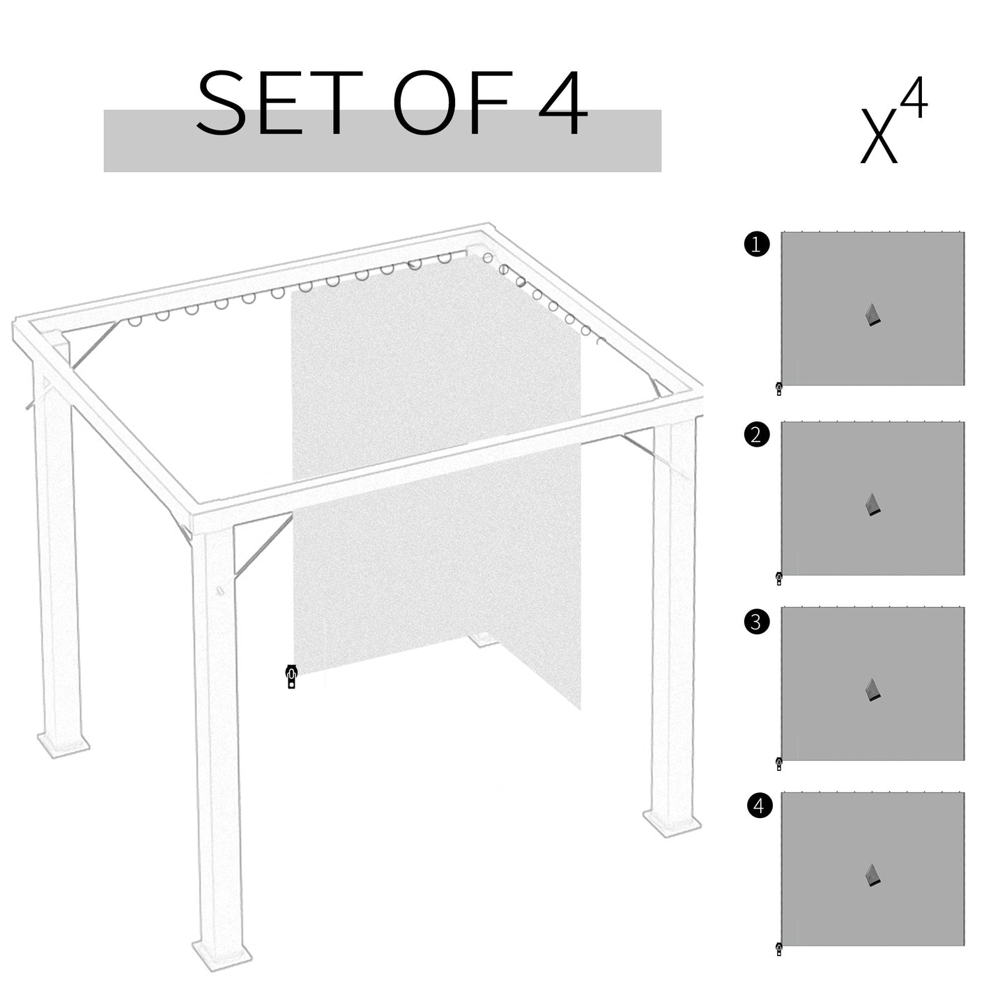Outsunny Replacement Gazebo Curtains, 4-Panel Gazebo Side Panels Only, for 3 x 3 (M) Gazebos or Pergolas, Hooks/C-Rings Included, Light Grey