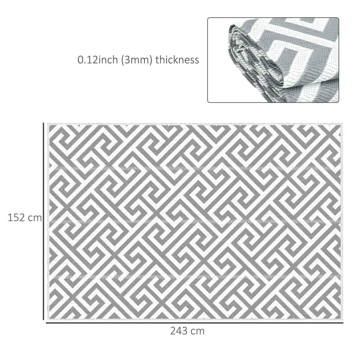 Outsunny Dywan Zewnętrzny Reversible Mat Plastikowy Dywan Słomiany Przenośny RV Camping Mata Ogrodowa Piknik Wewnątrz, 152x243 cm, Jasnoszary