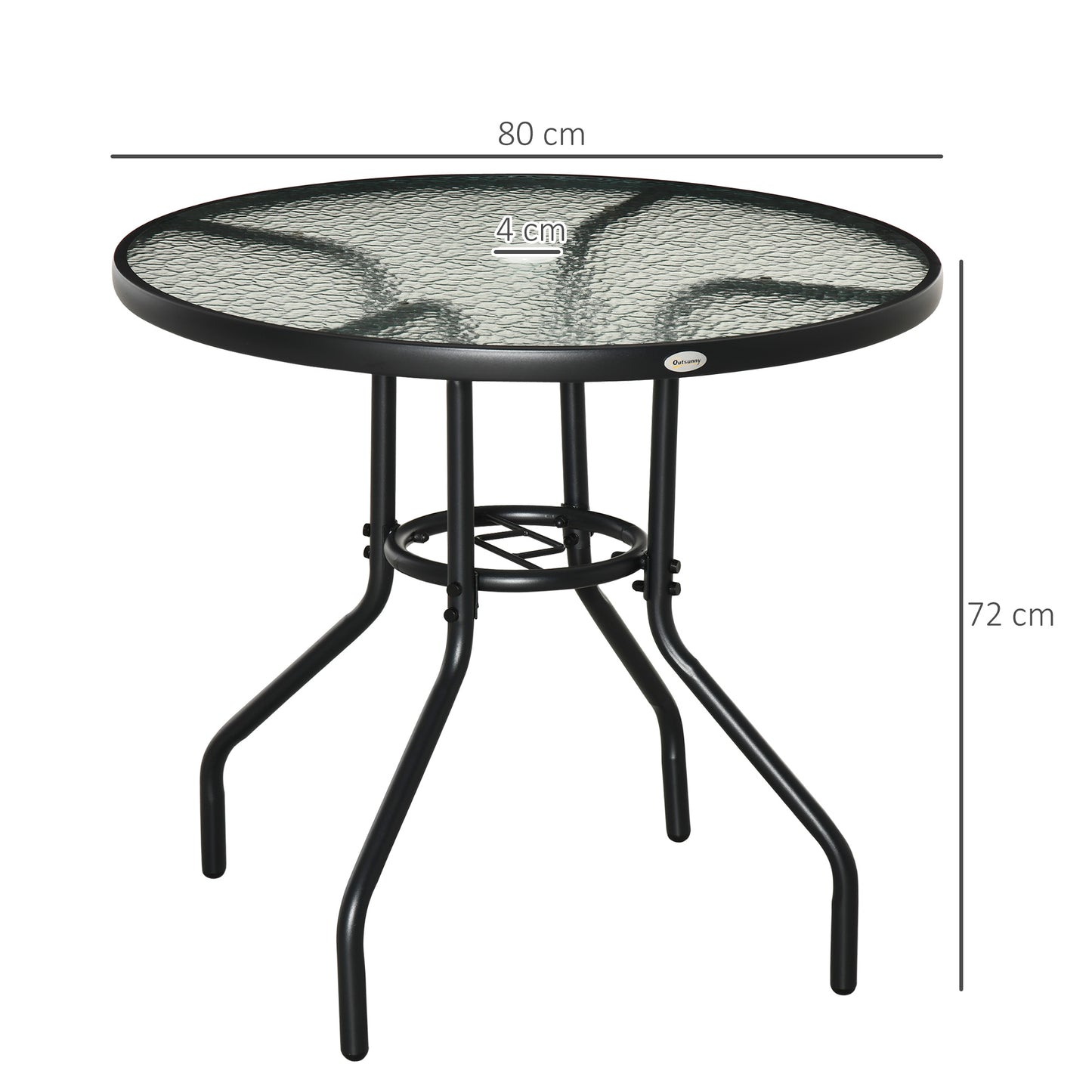 Outsunny Outdoor √è‚Ć80cm okrągły stół jadalny ze szklanym blatem hartowanym, stalową ramą, stolik kawowy Bistro, boczny stolik ogrodowy z otworem na parasol