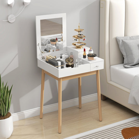 HOMCOM Dressing Table with Flip-up Mirror, Makeup Desk with 2 Drawers, Vanity Table Writing Desk for Bedroom Living Room, White