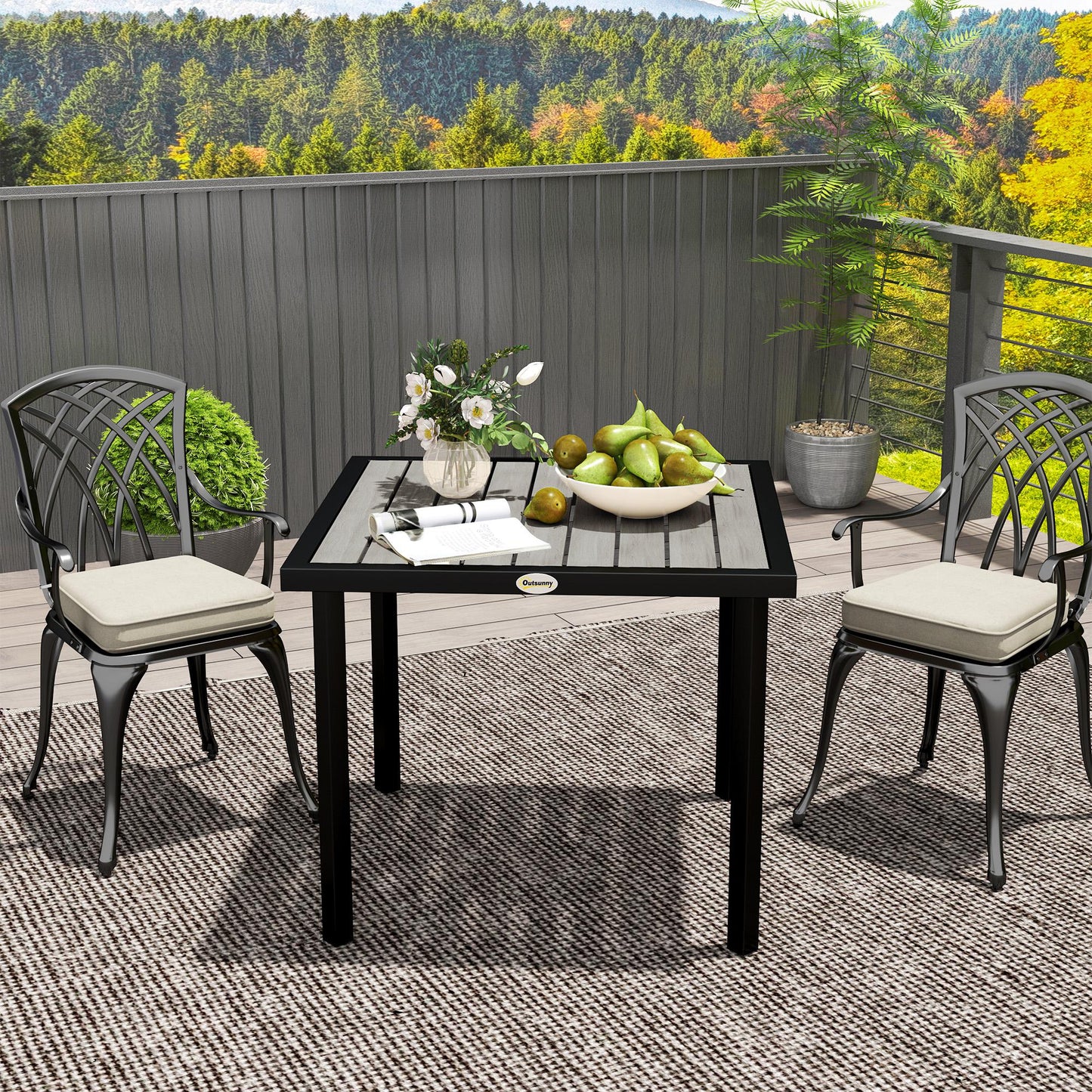 Stół ogrodowy Outsunny Square Garden Dining Table z otworem na parasol 5,4 cm, blatem z listew, metalową ramą, 86 x 86 x 71 cm, jasnoszary