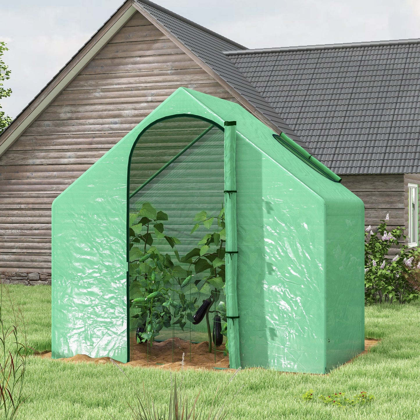 Outsunny Walk In Tomato Greenhouse Garden Outdoor Mini szklarnia do sadzenia kwiatów, stalowa rama z zapinanymi na zamek drzwiami i oknem, osłona z polietylenu, 180 x 100 x 168 cm, kolor zielony