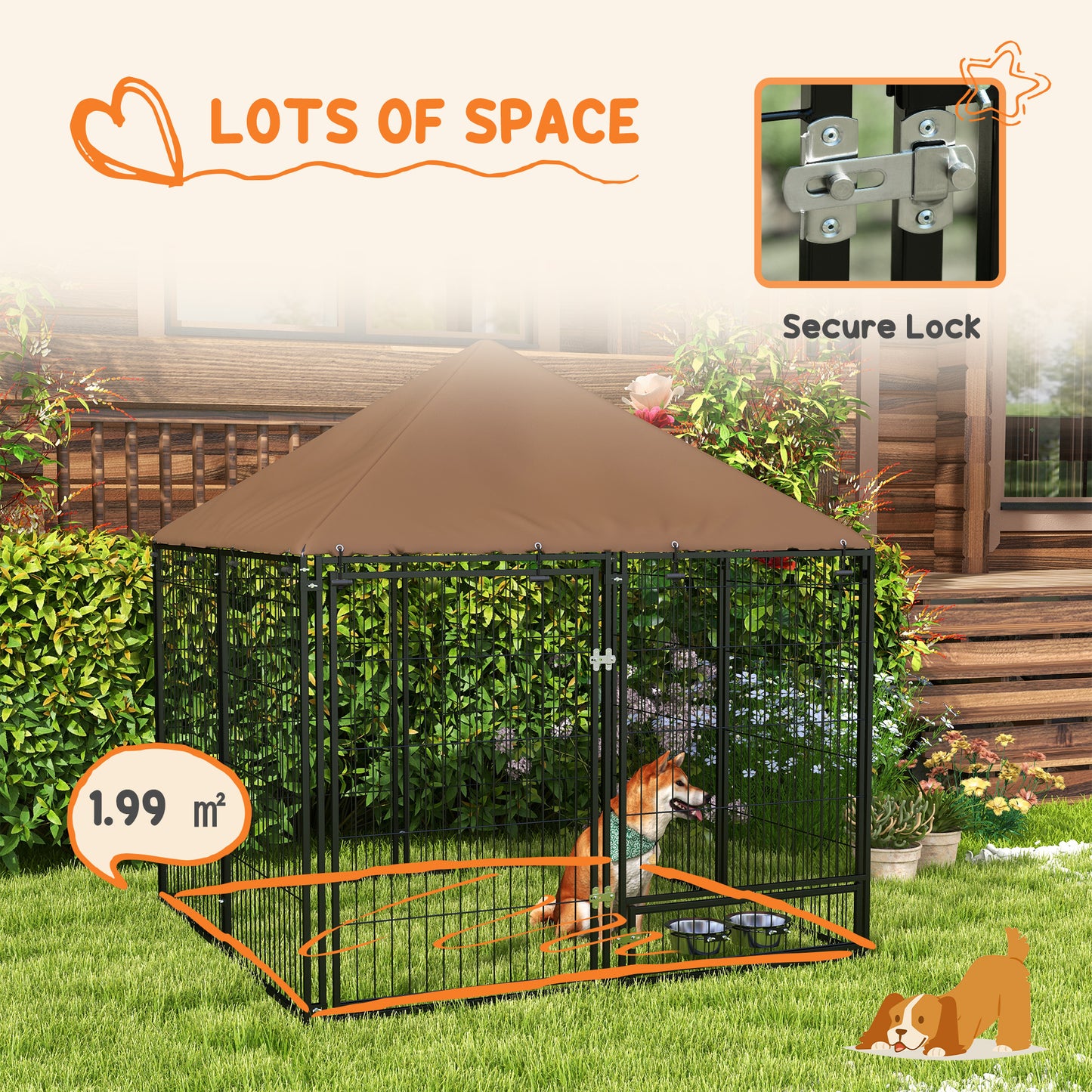 PawHut Outdoor Dog Kennel Puppy Play Pen z baldachimem Garden Playpen Fence Crate Enclosure Cage Rotating Bowl 141 x 141 x 151 cm