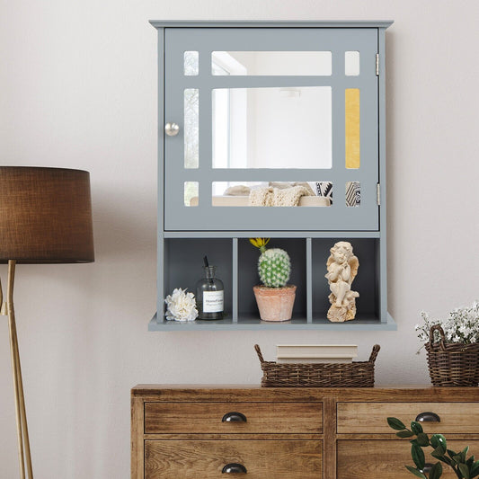 Mirror Door Cabinet with Adjustable Shelf and 3 Compartments-Grey
