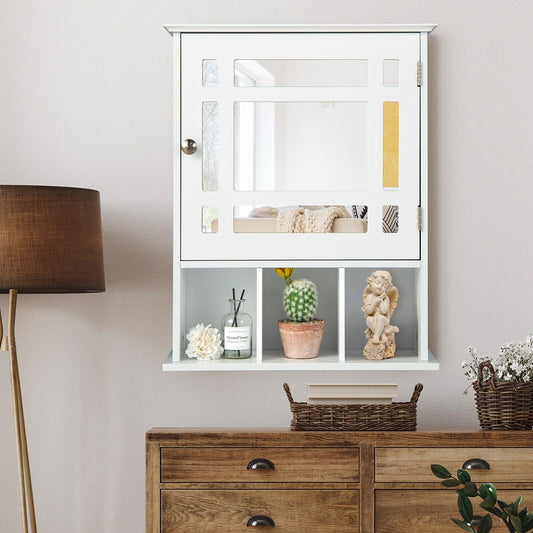 Mirror Door Cabinet with Adjustable Shelf and 3 Compartments-White