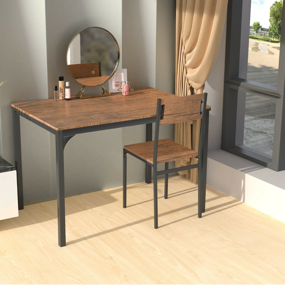 4Pcs Dining Table and Chair Set with Storage Bench-Deep Brown