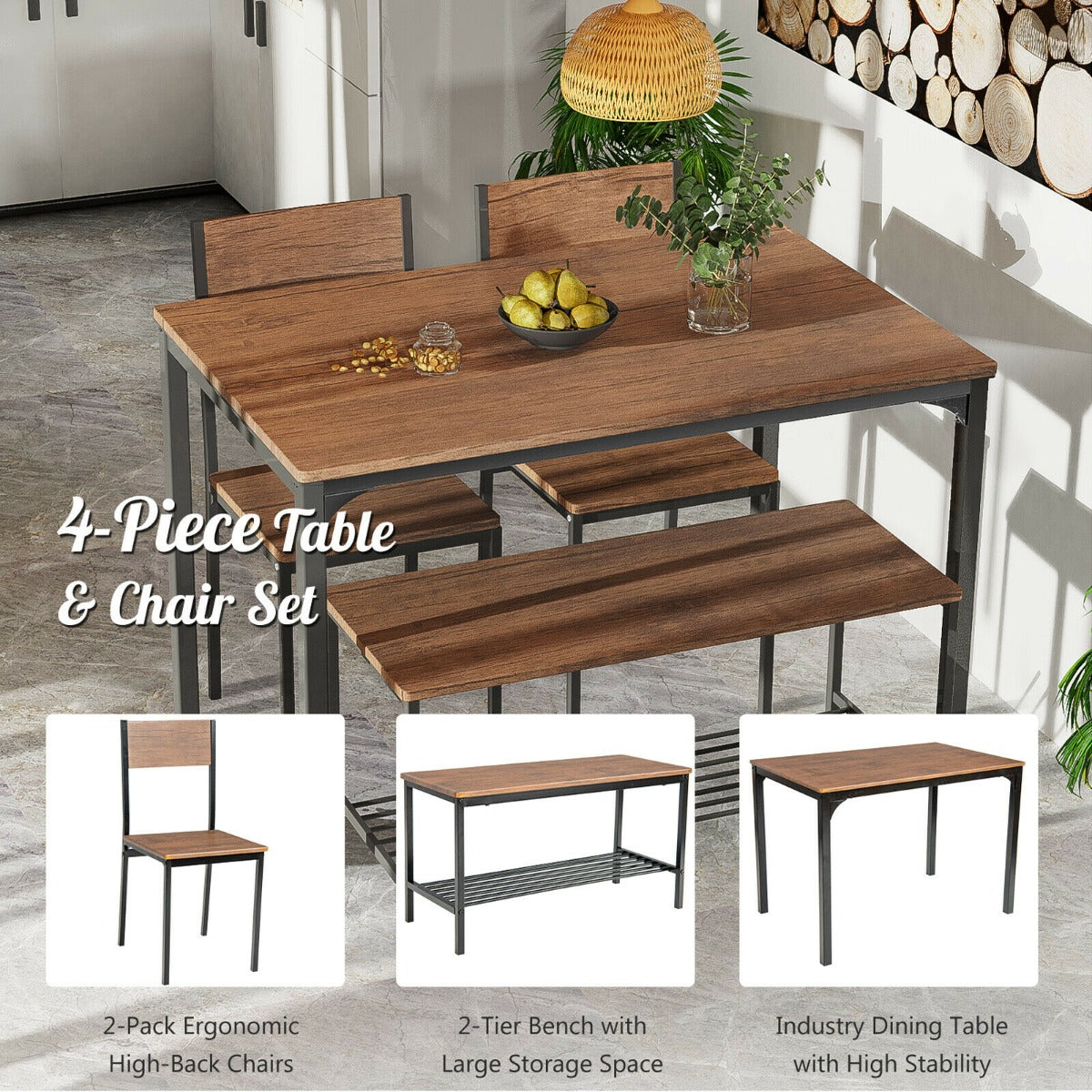4Pcs Dining Table and Chair Set with Storage Bench-Deep Brown