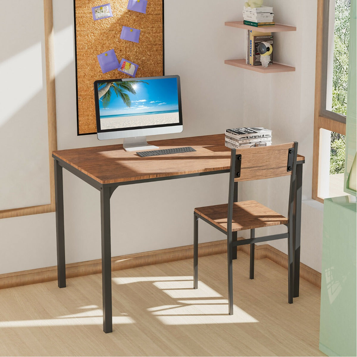 4Pcs Dining Table and Chair Set with Storage Bench-Deep Brown