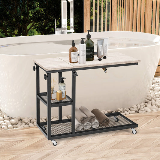 Mobile Couch Side Table with Height Adjustable Storage-Natural