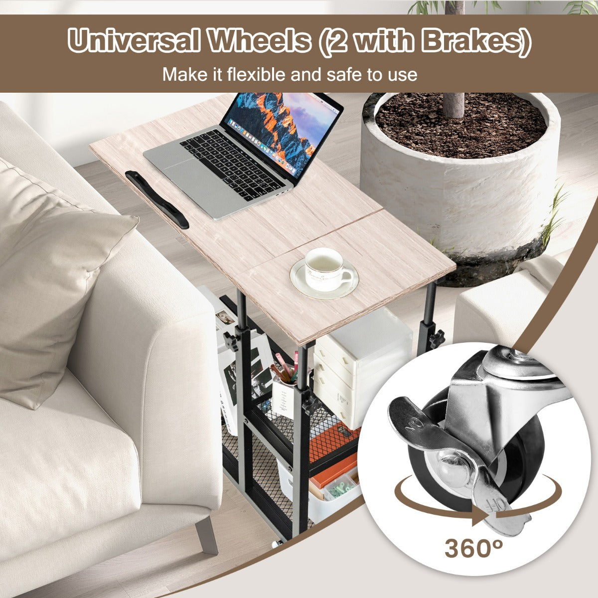 Mobile Couch Side Table with Height Adjustable Storage-Natural