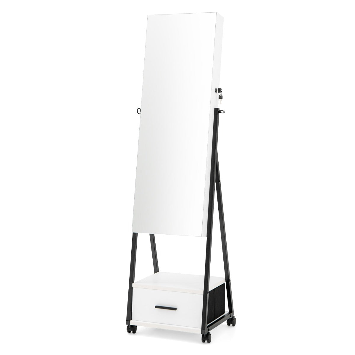 Mobile Standing Lockable Jewelry Cabinet with Full Length Mirror-White