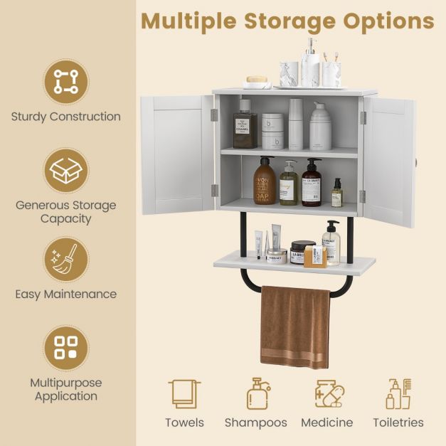 Bathroom Wall Cabinet with Double Doors & Open Shelf & Towel Rack-White