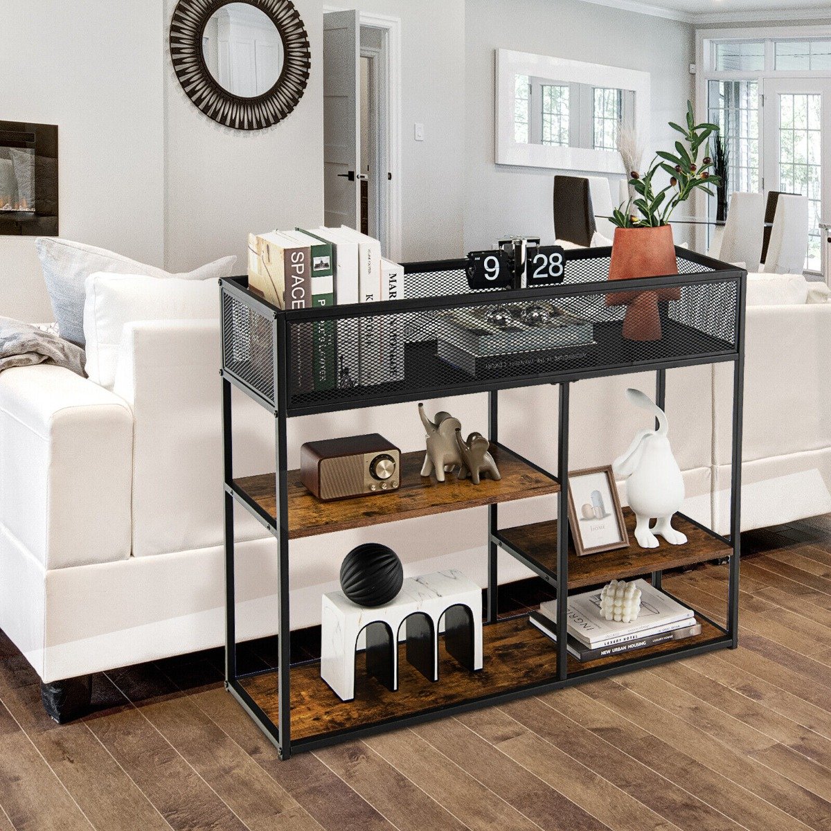 4-Tier Console Table with Wire Basket and Storage Shelves-Brown