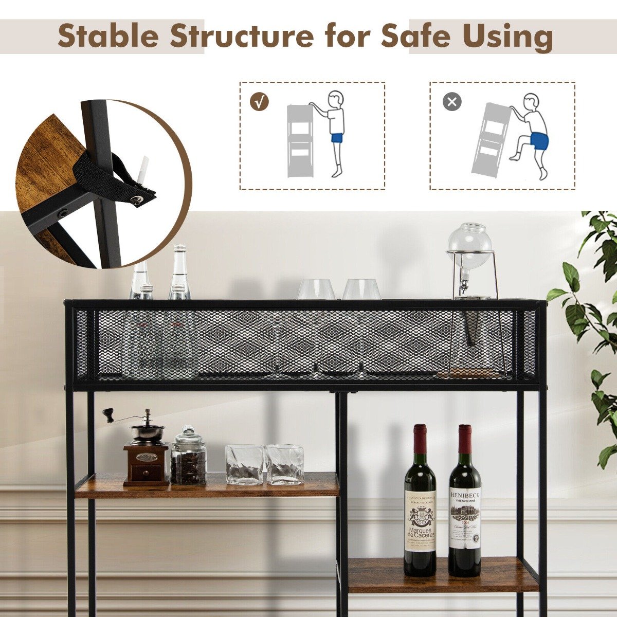 4-Tier Console Table with Wire Basket and Storage Shelves-Brown