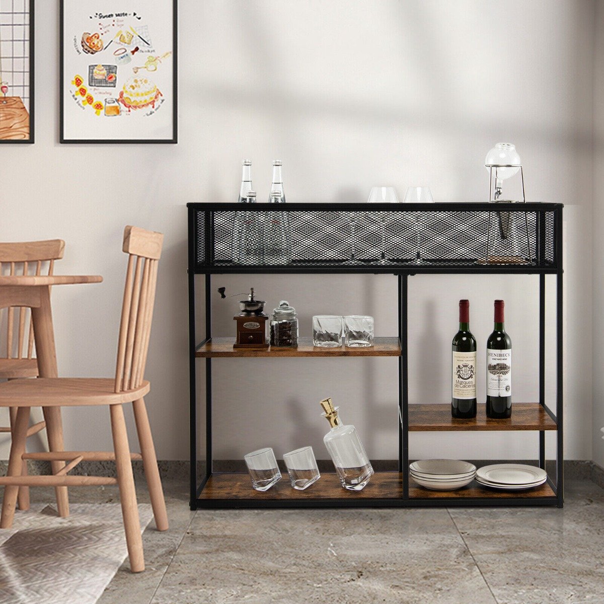 4-Tier Console Table with Wire Basket and Storage Shelves-Brown