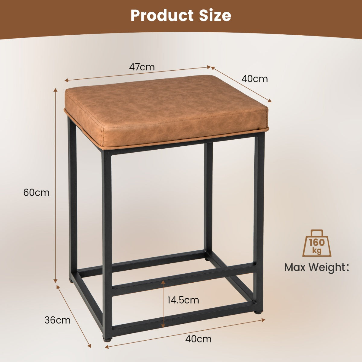 Bar Stools Set of 2 with PVC Leather Cushion-Brown