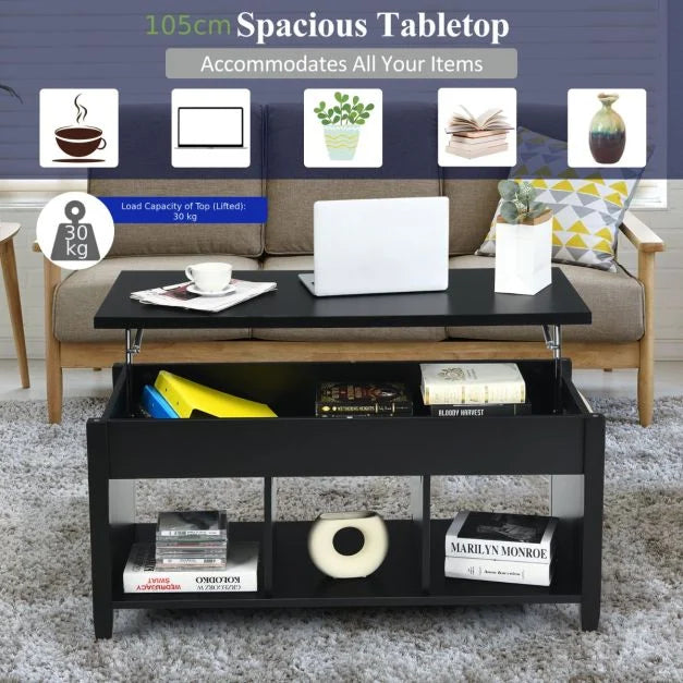 Rising Center Table with Lift Top Hidden Compartment-Black